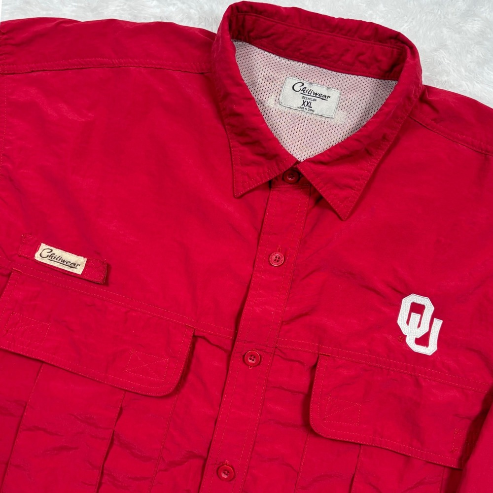 Oklahoma Sooners OU Fishing Buttons Shirt Men XXL Red Vented Utility NCAA Alumni